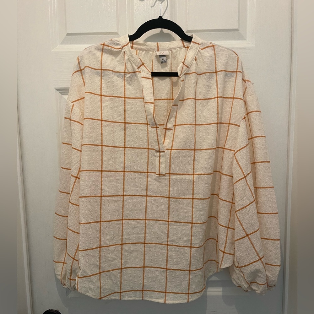A New Day blouse, cream w/caramel brown plaid, size XL, Like New
